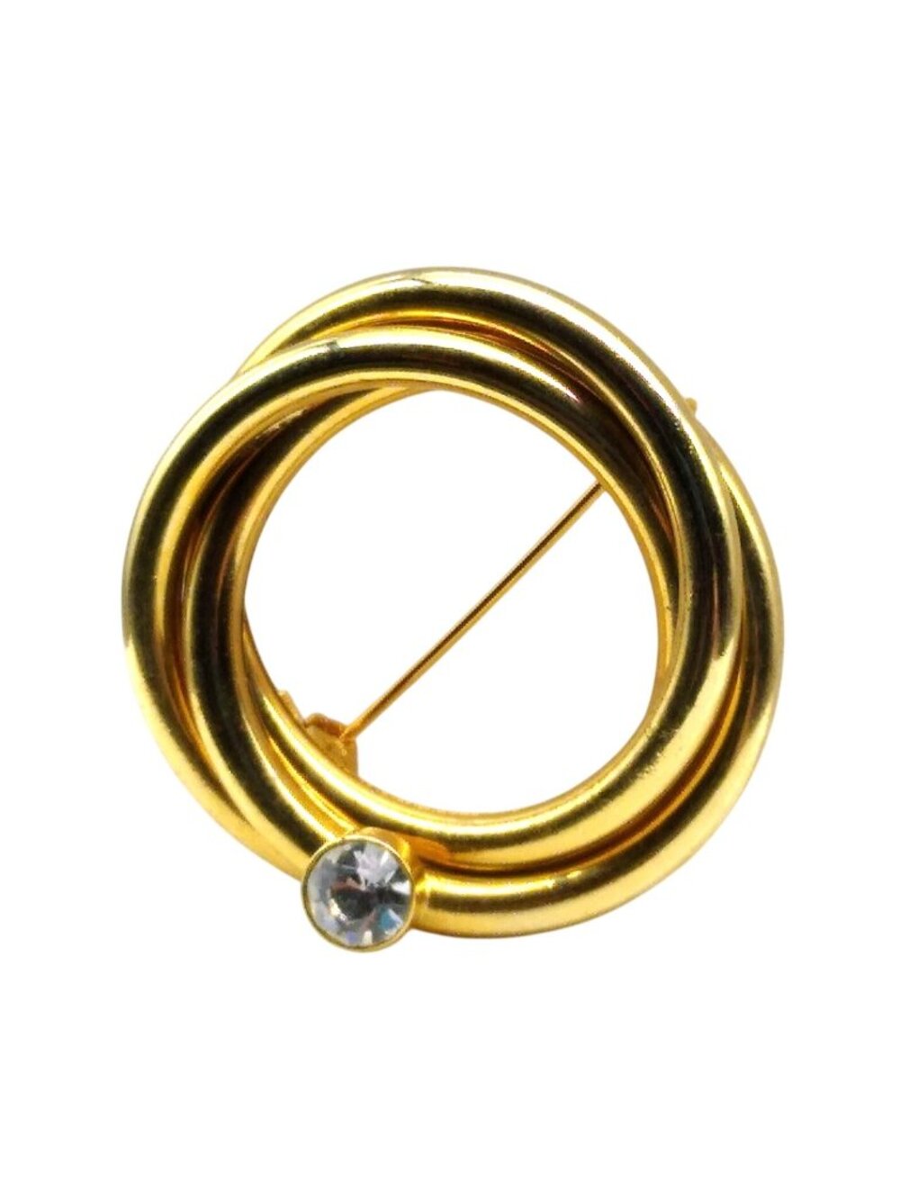 Vintage Polished Interlocking Rings Brooch in Gold Tone with Clear Crystal, Chic